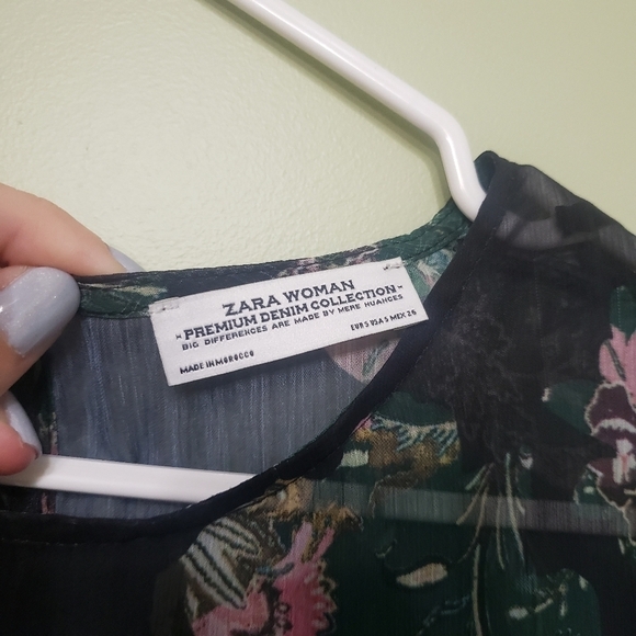 Zara Sheer Black and Green Floral Tunic Size Small - Picture 3 of 13
